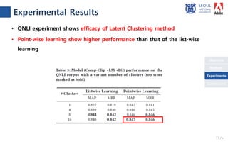 Objective
Conclusions
Methods
Experiments
• QNLI experiment shows efficacy of Latent Clustering method
• Point-wise learning show higher performance than that of the list-wise
learning
Experimental Results
17 /18
Experiments
 