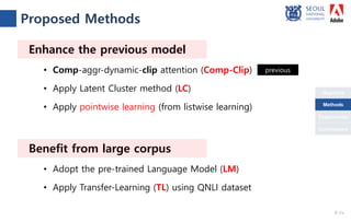 Objective
Conclusions
Methods
Experiments
Enhance the previous model
• Comp-aggr-dynamic-clip attention (Comp-Clip)
• Apply Latent Cluster method (LC)
• Apply pointwise learning (from listwise learning)
Benefit from large corpus
• Adopt the pre-trained Language Model (LM)
• Apply Transfer-Learning (TL) using QNLI dataset
previous
Proposed Methods
6 /18
Methods
 
