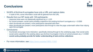 @shawnmjones @WebSciDL
Conclusions
 54.60% of Archive-It surrogates have only a URL and capture dates
 in spite of this,...