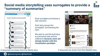 @shawnmjones @WebSciDL
Social media storytelling uses surrogates to provide a
“summary of summaries”
9
2 resources are shown from this Wakelet story6 resources are shown from this Storify story
Each surrogate summarizes a
web resource.
Each story groups the
surrogates, summarizing the
topic.
We want to use this technique
to summarize web archive
collections because users are
already familiar with this
visualization paradigm.
 