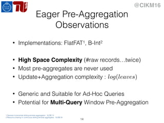@CIKM16
Eager Pre-Aggregation
Observations
• Implementations: FlatFAT1, B-Int2
• High Space Complexity (#raw records…twice)
• Most pre-aggregates are never used
• Update+Aggregation complexity :
• Generic and Suitable for Ad-Hoc Queries
• Potential for Multi-Query Window Pre-Aggregation
14
log(leaves)
1.General incremental sliding-window aggregation - VLDB 15
2.Resource sharing in continuous sliding-window aggregates - VLDB 04
 