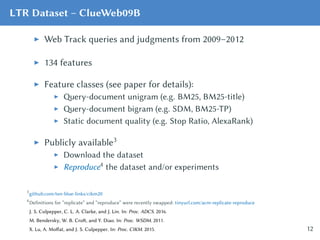 LTR Dataset – ClueWeb09B
Web Track queries and judgments from 2009–2012
134 features
Feature classes (see paper for detail...