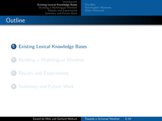 Introduction
Existing Lexical Knowledge Bases
Building a Multilingual Wordnet
Results and Experiments
Summary and Future Work
WordNet
Non-English Wordnets
Other Resources
Outline
1 Existing Lexical Knowledge Bases
2 Building a Multilingual Wordnet
3 Results and Experiments
4 Summary and Future Work
Gerard de Melo and Gerhard Weikum Towards a Universal Wordnet 6/29
 