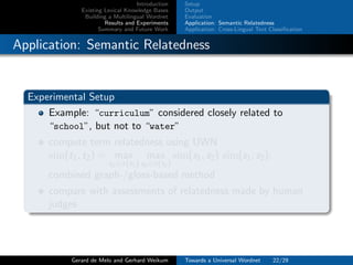Introduction
Existing Lexical Knowledge Bases
Building a Multilingual Wordnet
Results and Experiments
Summary and Future Work
Setup
Output
Evaluation
Application: Semantic Relatedness
Application: Cross-Lingual Text Classiﬁcation
Application: Semantic Relatedness
Experimental Setup
Example: “curriculum” considered closely related to
“school”, but not to “water”
compute term relatedness using UWN
sim(t1, t2) = max
s1∈σ(t1)
max
s2∈σ(t2)
sim(s1, s2) sim(s1, s2):
combined graph-/gloss-based method
compare with assessments of relatedness made by human
judges
Gerard de Melo and Gerhard Weikum Towards a Universal Wordnet 22/29
 