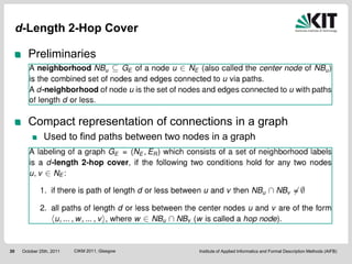 d-Length 2-Hop Cover

        Preliminaries




        Compact representation of connections in a graph
                Used to find paths between two nodes in a graph




30    October 25th, 2011   CIKM 2011, Glasgow     Institute of Applied Informatics and Formal Description Methods (AIFB)
 