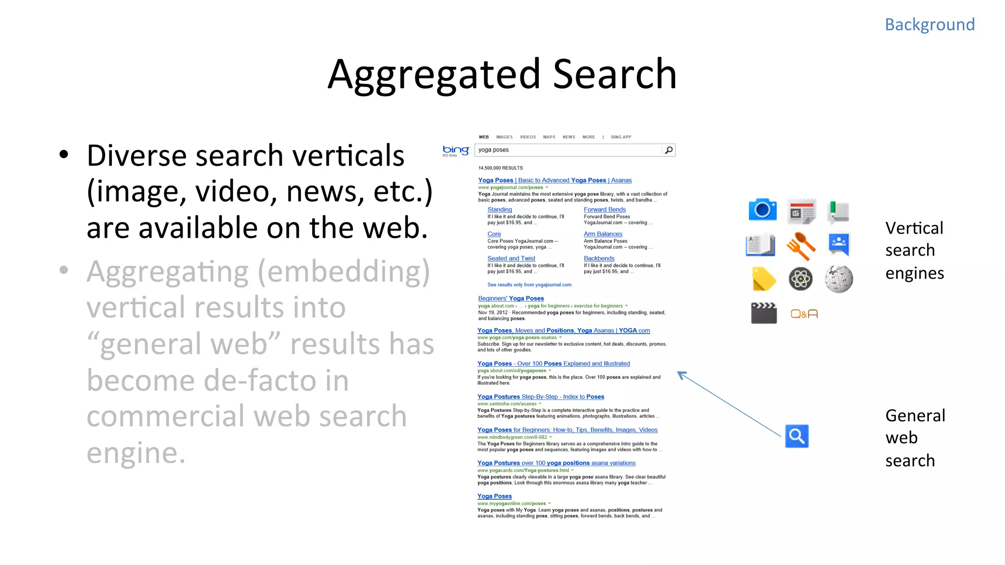 Background	
  

Aggregated	
  Search	
  
•  Diverse	
  search	
  verNcals	
  
(image,	
  video,	
  news,	
  etc.)	
  
are	
  available	
  on	
  the	
  web.	
  
•  AggregaNng	
  (embedding)	
  
verNcal	
  results	
  into	
  
“general	
  web”	
  results	
  has	
  
become	
  de-­‐facto	
  in	
  
commercial	
  web	
  search	
  
engine.	
  

VerNcal	
  
search	
  
engines	
  

General	
  
web	
  
search	
  

 