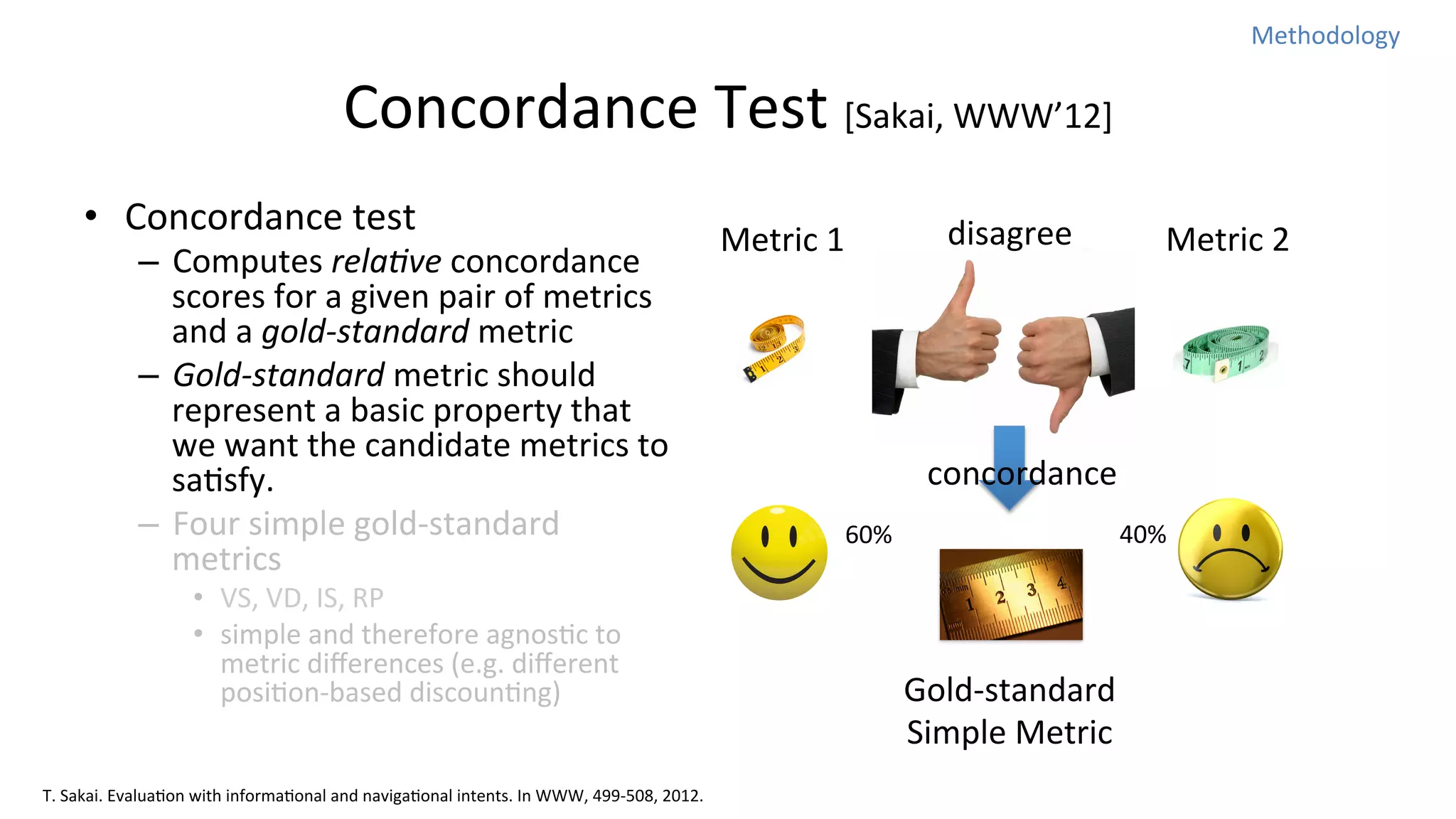 Methodology	
  

Concordance	
  Test	
  [Sakai,	
  WWW’12]
•  Concordance	
  test	
  

–  Computes	
  rela%ve	
  concordance	
  
scores	
  for	
  a	
  given	
  pair	
  of	
  metrics	
  
and	
  a	
  gold-­‐standard	
  metric	
  
–  Gold-­‐standard	
  metric	
  should	
  
represent	
  a	
  basic	
  property	
  that	
  
we	
  want	
  the	
  candidate	
  metrics	
  to	
  
saNsfy.	
  
–  Four	
  simple	
  gold-­‐standard	
  
metrics	
  
•  VS,	
  VD,	
  IS,	
  RP	
  
•  simple	
  and	
  therefore	
  agnosNc	
  to	
  
metric	
  diﬀerences	
  (e.g.	
  diﬀerent	
  
posiNon-­‐based	
  discounNng)

T.	
  Sakai.	
  EvaluaNon	
  with	
  informaNonal	
  and	
  navigaNonal	
  intents.	
  In	
  WWW,	
  499-­‐508,	
  2012.

disagree

Metric	
  1

Metric	
  2

concordance
60%

40%

Gold-­‐standard	
  	
  
Simple	
  Metric

 