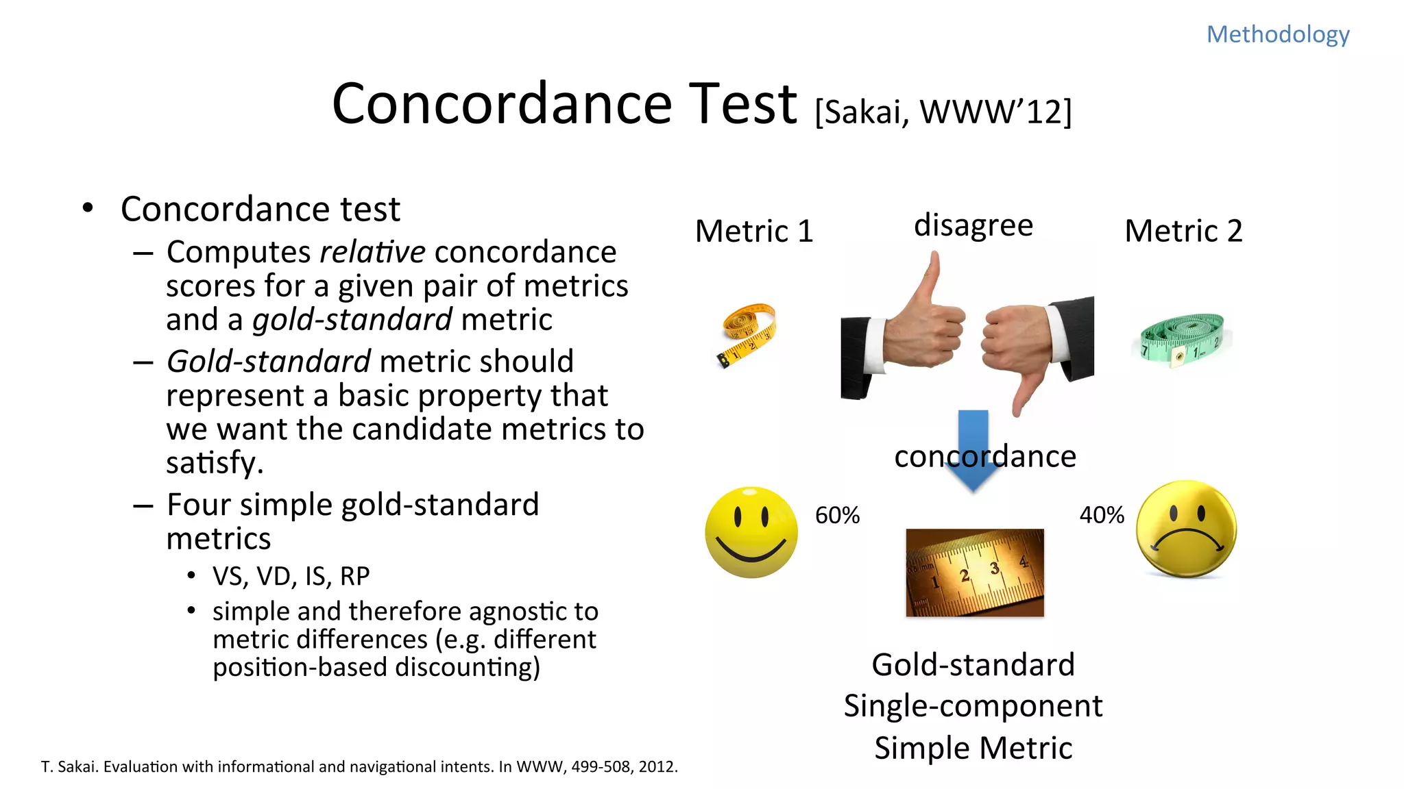 Methodology	
  

Concordance	
  Test	
  [Sakai,	
  WWW’12]
•  Concordance	
  test	
  

–  Computes	
  rela%ve	
  concordance	
  
scores	
  for	
  a	
  given	
  pair	
  of	
  metrics	
  
and	
  a	
  gold-­‐standard	
  metric	
  
–  Gold-­‐standard	
  metric	
  should	
  
represent	
  a	
  basic	
  property	
  that	
  
we	
  want	
  the	
  candidate	
  metrics	
  to	
  
saNsfy.	
  
–  Four	
  simple	
  gold-­‐standard	
  
metrics	
  
•  VS,	
  VD,	
  IS,	
  RP	
  
•  simple	
  and	
  therefore	
  agnosNc	
  to	
  
metric	
  diﬀerences	
  (e.g.	
  diﬀerent	
  
posiNon-­‐based	
  discounNng)

T.	
  Sakai.	
  EvaluaNon	
  with	
  informaNonal	
  and	
  navigaNonal	
  intents.	
  In	
  WWW,	
  499-­‐508,	
  2012.

disagree

Metric	
  1

Metric	
  2

concordance
60%

40%

Gold-­‐standard	
  	
  
Single-­‐component	
  
Simple	
  Metric

 