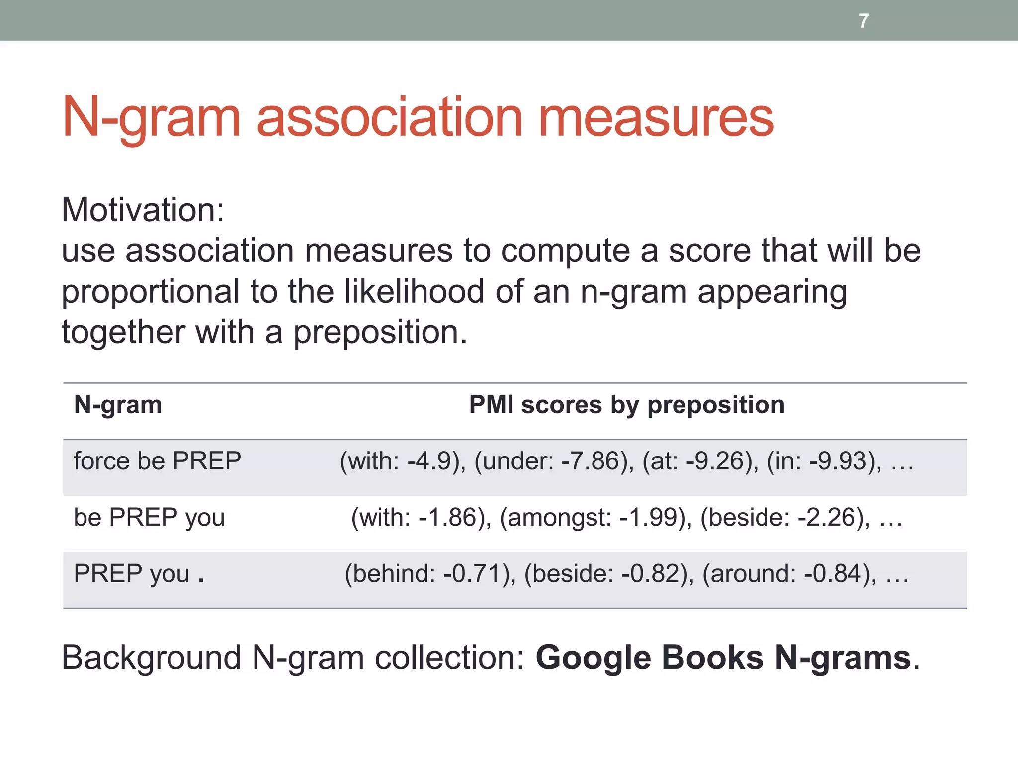 N-gram association measures 
7 
Motivation: 
use association measures to compute a score that will be 
proportional to the likelihood of an n-gram appearing 
together with a preposition. 
N-gram PMI scores by preposition 
force be PREP (with: -4.9), (under: -7.86), (at: -9.26), (in: -9.93), … 
be PREP you (with: -1.86), (amongst: -1.99), (beside: -2.26), … 
PREP you . (behind: -0.71), (beside: -0.82), (around: -0.84), … 
Background N-gram collection: Google Books N-grams. 
 