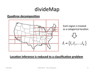 divideMap 
14/11/05 
CIKM 
2014 
-­‐ 
Yuto 
Yamaguchi 
Each 
region 
is 
treated 
as 
a 
categorical 
loca'on 
17 
Quadtree 
decomposi.on 
L = l1, l2,…, lK { } 
Loca.on 
inference 
is 
reduced 
to 
a 
classifica.on 
problem 
 