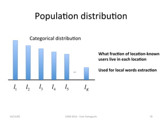 Popula'on 
distribu'on 
14/11/05 
CIKM 
2014 
-­‐ 
Yuto 
Yamaguchi 
18 
… 
l1 l2 l3 l4 l5 lK 
What 
frac.on 
of 
loca.on-­‐known 
users 
live 
in 
each 
loca.on 
Used 
for 
local 
words 
extrac.on 
Categorical 
distribu'on 
 