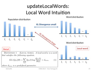 updateLocalWords: 
Local 
Word 
Intui'on 
14/11/05 
CIKM 
2014 
-­‐ 
Yuto 
Yamaguchi 
21 
… 
… 
… 
l1 l2 l3 l4 l5 lK 
… 
… 
l1 l2 l3 l4 l5 lK 
Popula'on 
distribu'on 
Word 
distribu'on 
Word 
distribu'on 
KL 
Divergence 
small 
Local 
word 
… 
l1 l2 l3 l4 l5 lK 
Detail 
 