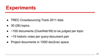 Experiments
● TREC Crowdsourcing Track 2011 data
● 30 (28) topics
● ~100 documents (ClueWeb’09) to be judged per topic
● ~15 historic votes per query-document pair
● Project documents in 100D doc2vec space
21
 