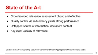 State of the Art
● Crowdsourced relevance assessment cheap and effective
● Quality control via redundancy yields strong performance
● Untapped source of information: document content
● Key idea: Locality of relevance
Davtyan et al. 2015: Exploiting Document Content for Efficient Aggregation of Crowdsourcing Votes
3
 