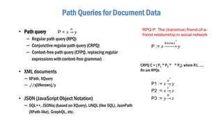 • Path query
– Regular path query (RPQ)
– Conjunctive regular path query (CRPQ)
– Context-free path query (CFPQ, replacing regular
expressions with context-free grammar)
• XML documents
– XPath, XQuery
– .//x[@knows]/y
• JSON (JavaScript Object Notation)
– SQL++, JSONiq (based on XQuery), UNQL (like SQL), JsonPath
(XPath-like), GraphQL, etc.
Path Queries for Document Data
P = 𝑥 ՜
𝛼
𝑦
P := 𝑥
𝑘𝑛𝑜𝑤𝑠
+
𝑦
RPQ P: The (transitive) friend-of-a-
friend relationship in social network
CRPQ C = ( P1 ^ P2 ^ ^ Pn), where R1, …,
Rn are RPQs
P1 := 𝑥 ՜
𝑎
+
𝑦
P2 := 𝑥 ՜
𝑐
+
𝑧
P3 := 𝑦 ՜
𝑏
+
𝑧
 