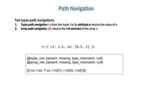 Path Navigation
@tuple_nav {absent: missing, type_mismatch: null}
@array_nav {absent: missing, type_mismatch: null}
([r.co, r.so, 7.co, r.no[1], r.no[3], r.co[1]])
Two types path navigations
1. Tuple path navigation t.a from the tuple t to its attribute a returns the value of a
2. Array path navigation a[i] returns the i-th element of the array a
<r:{ ci: 1.2, no: [0.5, 2] }>
 