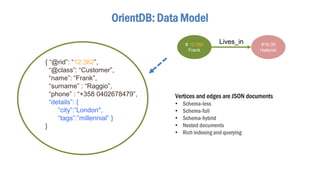 OrientDB: Data Model
{ “@rid”: “12:382”,
“@class”: “Customer”,
“name”: “Frank”,
“surname” : “Raggio”,
“phone” : “+358 0402678479”,
“details”: {
“city”:”London",
“tags”:”millennial” }
}
# 12:382
Frank
Vertices and edges are JSON documents
• Schema-less
• Schema-full
• Schema-hybrid
• Nested documents
• Rich indexing and querying
#15:39
Helsinki
Lives_in
 