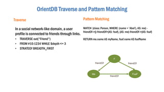 OrientDB Traverse and Pattern Matching
In a social network-like domain, a user
profile is connected to friends through links.
• TRAVERSE out("Friend")
• FROM #10:1234 WHILE $depth <= 3
• STRATEGY BREADTH_FIRST
MATCH {class: Person, WHERE: (name = ‘Abel’), AS: me} -
friendOf->{}-friendOf>{AS: foaf}, {AS: me}-friendOf->{AS: foaf}
RETURN me.name AS myName, foaf.name AS foafName
Traverse Pattern Matching
Me
F
FoaF
friendOf
friendOf
friendOf
 