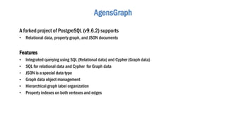 AgensGraph
A forked project of PostgreSQL (v9.6.2) supports
• Relational data, property graph, and JSON documents
Features
• Integrated querying using SQL (Relational data) and Cypher (Graph data)
• SQL for relational data and Cypher for Graph data
• JSON is a special data type
• Graph data object management
• Hierarchical graph label organization
• Property indexes on both vertexes and edges
 