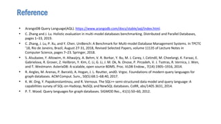 • ArangoDB Query Language(AQL). https://www.arangodb.com/docs/stable/aql/index.html.
• C. Zhang and J. Lu. Holistic evaluation in multi-model databases benchmarking. Distributed and Parallel Databases,
pages 1–33, 2019.
• C. Zhang, J. Lu, P. Xu, and Y. Chen. UniBench: A Benchmark for Multi-model Database Management Systems. In TPCTC
’18, Rio de Janeiro, Brazil, August 27-31, 2018, Revised Selected Papers, volume 11135 of Lecture Notes in
Computer Science, pages 7–23. Springer, 2018.
• S. Alsubaiee, Y. Altowim, H. Altwaijry, A. Behm, V. R. Borkar, Y. Bu, M. J. Carey, I. Cetindil, M. Cheelangi, K. Faraaz, E.
Gabrielova, R. Grover, Z. Heilbron, Y. Kim, C. Li, G. Li, J. M. Ok, N. Onose, P. Pirzadeh, V. J. Tsotras, R. Vernica, J. Wen,
and T. Westmann. AsterixDB: A scalable, open source BDMS. Proc. VLDB Endow., 7(14):1905–1916, 2014.
• R. Angles, M. Arenas, P. Barceló, A. Hogan, J. L. Reutter, andD. Vrgoc. Foundations of modern query languages for
graph databases. ACM Comput. Surv., 50(5):68:1–68:40, 2017.
• K. W. Ong, Y. Papakonstantinou, and R. Vernoux. The SQL++ semi-structured data model and query language: A
capabilities survey of SQL-on-Hadoop, NoSQL and NewSQL databases. CoRR, abs/1405.3631, 2014.
• P. T. Wood. Query languages for graph databases. SIGMOD Rec., 41(1):50–60, 2012.
Reference
 
