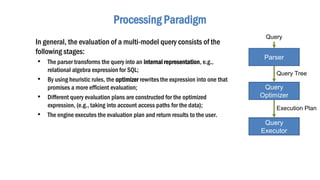 Processing Paradigm
In general, the evaluation of a multi-model query consists of the
following stages:
• The parser transforms the query into an internal representation, e.g.,
relational algebra expression for SQL;
• By using heuristic rules, the optimizer rewrites the expression into one that
promises a more efficient evaluation;
• Different query evaluation plans are constructed for the optimized
expression, (e.g., taking into account access paths for the data);
• The engine executes the evaluation plan and return results to the user.
Parser
Query
Optimizer
Query
Executor
Query
Query Tree
Execution Plan
 