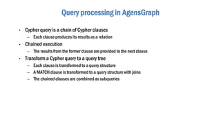 Query processing in AgensGraph
• Cypher query is a chain of Cypher clauses
– Each clause produces its results as a relation
• Chained execution
– The resultsfrom the former clauseare provided to the next clause
• Transform a Cypher query to a query tree
– Each clause is transformed to a query structure
– A MATCH clause is transformed to a query structurewith joins
– The chained clauses are combined as subqueries
 