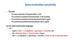 • Theorem
– The data complexity of Evaluation(CQ) is in AC0
– The combined complexity of Evaluation(CQ) is NP-complete
– The combined complexity of Evaluation(Acyclic CQ) is LogCFL
– The containment problem Evaluation(Acyclic CQ) is LogCFL
For the multi-model query languages
• AC0 :
– LogCFL ⊆ SQL++ ⊆ ArangoDB QL ⊆ AgensGraph ⊆ OrientDB ⊆ NP
– NP ⊆ MarkLogic XQuery ⊆ Oracle PL/SQL ⊆ Pspace
– SQL++ ⊆ ArangoDB QL ⊆ AgensGraph ⊆ OrientDB ⊆ Oracle PL/SQL ⊆ MarkLogic XQuery
Query evaluation complexity
 