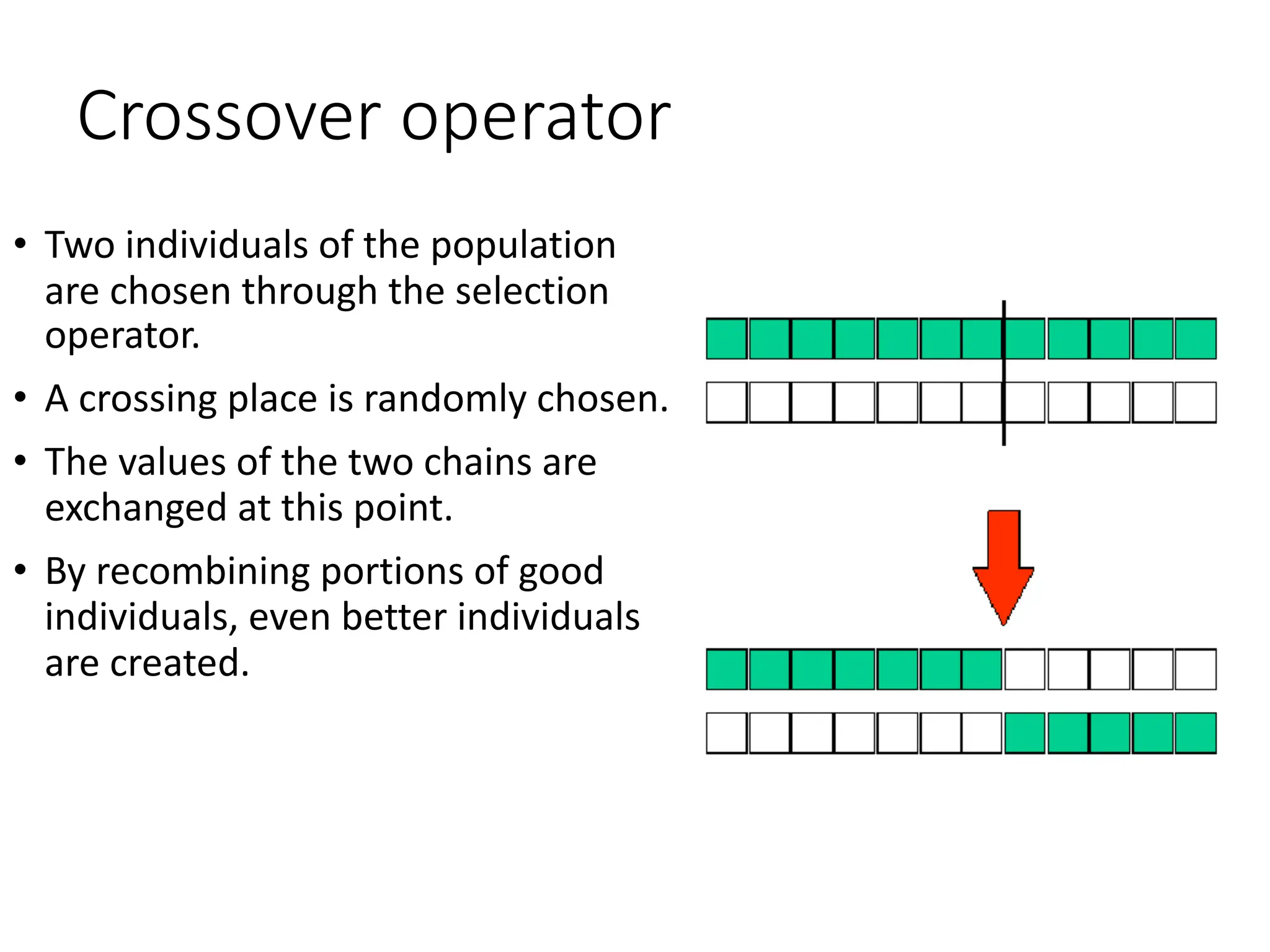 Crossover operator
• Two individuals of the population
are chosen through the selection
operator.
• A crossing place is randomly chosen.
• The values of the two chains are
exchanged at this point.
• By recombining portions of good
individuals, even better individuals
are created.
 