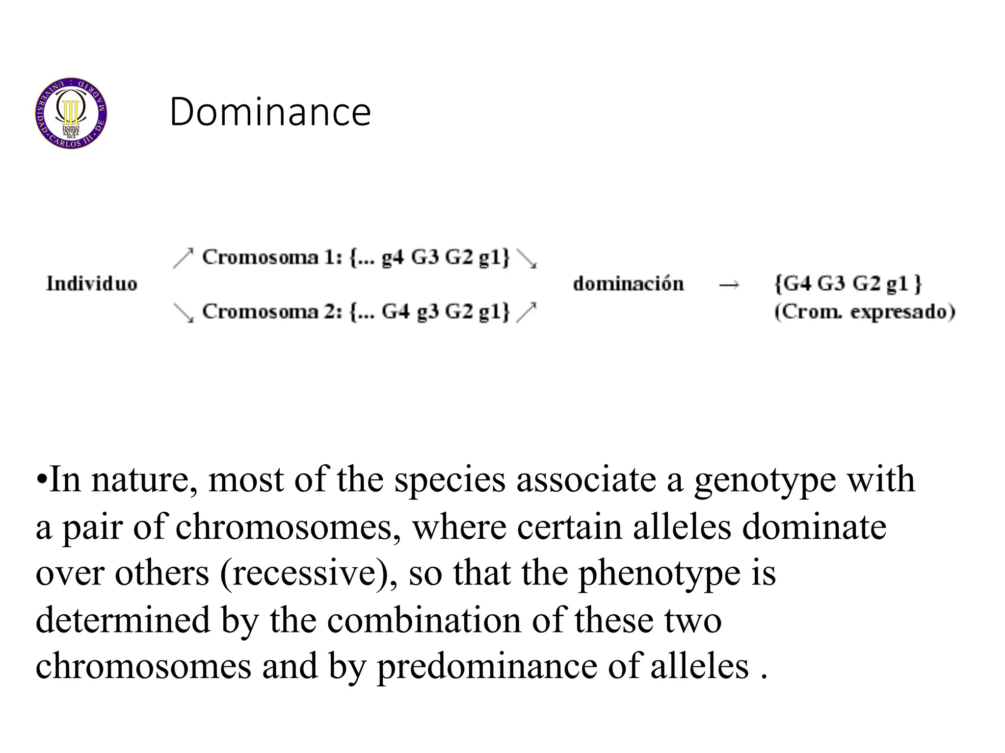 Dominance
•In nature, most of the species associate a genotype with
a pair of chromosomes, where certain alleles dominate
over others (recessive), so that the phenotype is
determined by the combination of these two
chromosomes and by predominance of alleles .
 