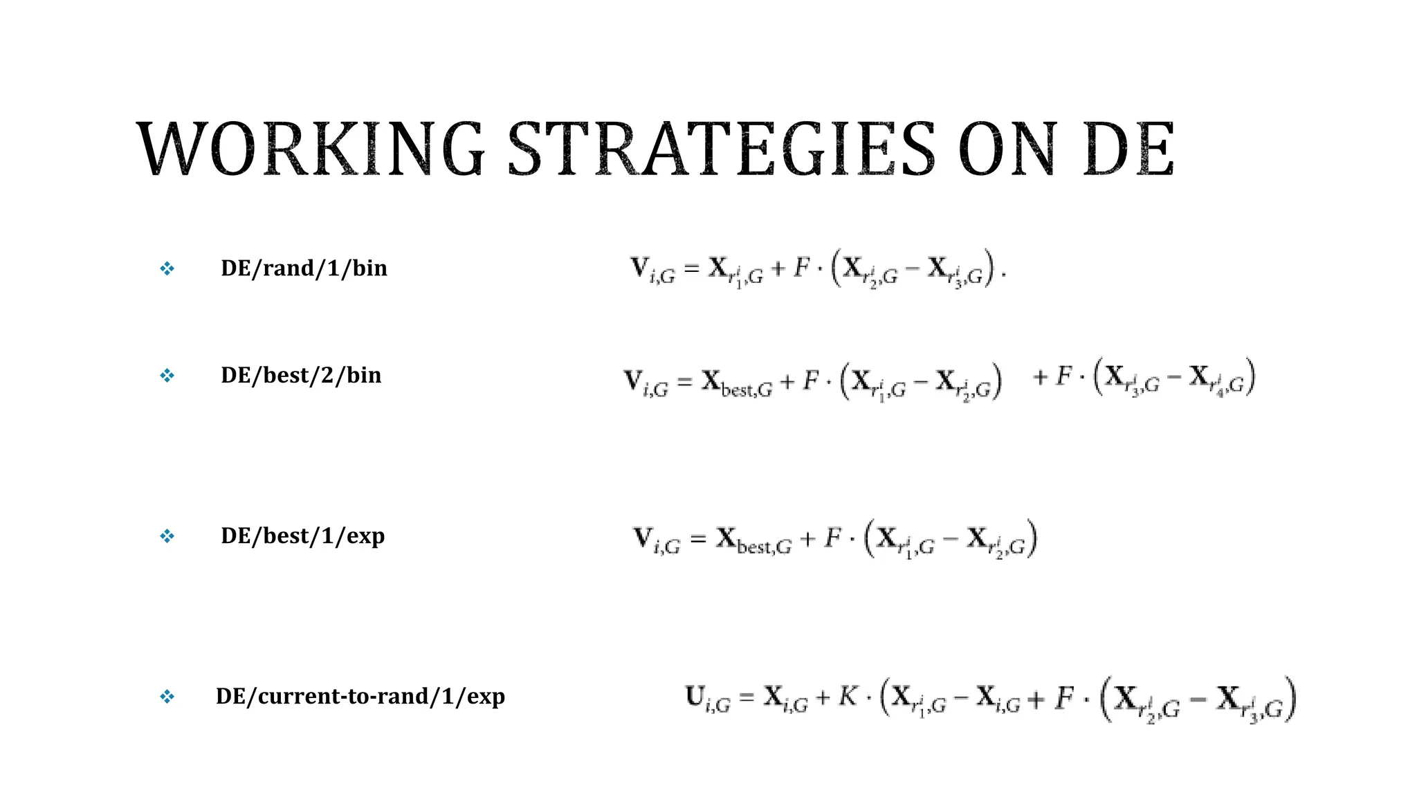  DE/rand/1/bin
 DE/best/2/bin
 DE/best/1/exp
 DE/current-to-rand/1/exp
 
