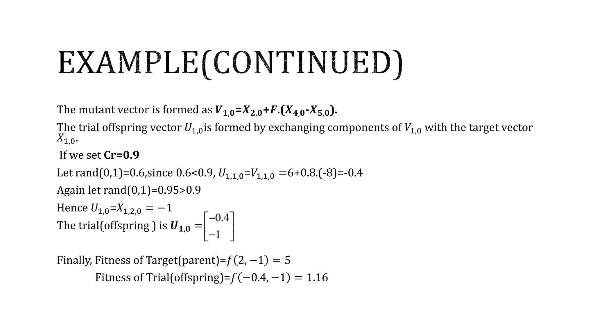 The mutant vector is formed as 𝑽𝟏,𝟎=𝑿𝟐,𝟎+𝑭.(𝑿𝟒,𝟎-𝑿𝟓,𝟎).
The trial offspring vector 𝑈1,0is formed by exchanging components of 𝑉1,0 with the target vector
𝑋1,0.
If we set Cr=0.9
Let rand(0,1)=0.6,since 0.6<0.9, 𝑈1,1,0=𝑉1,1,0 =6+0.8.(-8)=-0.4
Again let rand(0,1)=0.95>0.9
Hence 𝑈1,0=𝑋1,2,0 = −1
The trial(offspring ) is 𝑼𝟏,𝟎 =
Finally, Fitness of Target(parent)=𝑓 2, −1 = 5
Fitness of Trial(offspring)=𝑓 −0.4, −1 = 1.16
 