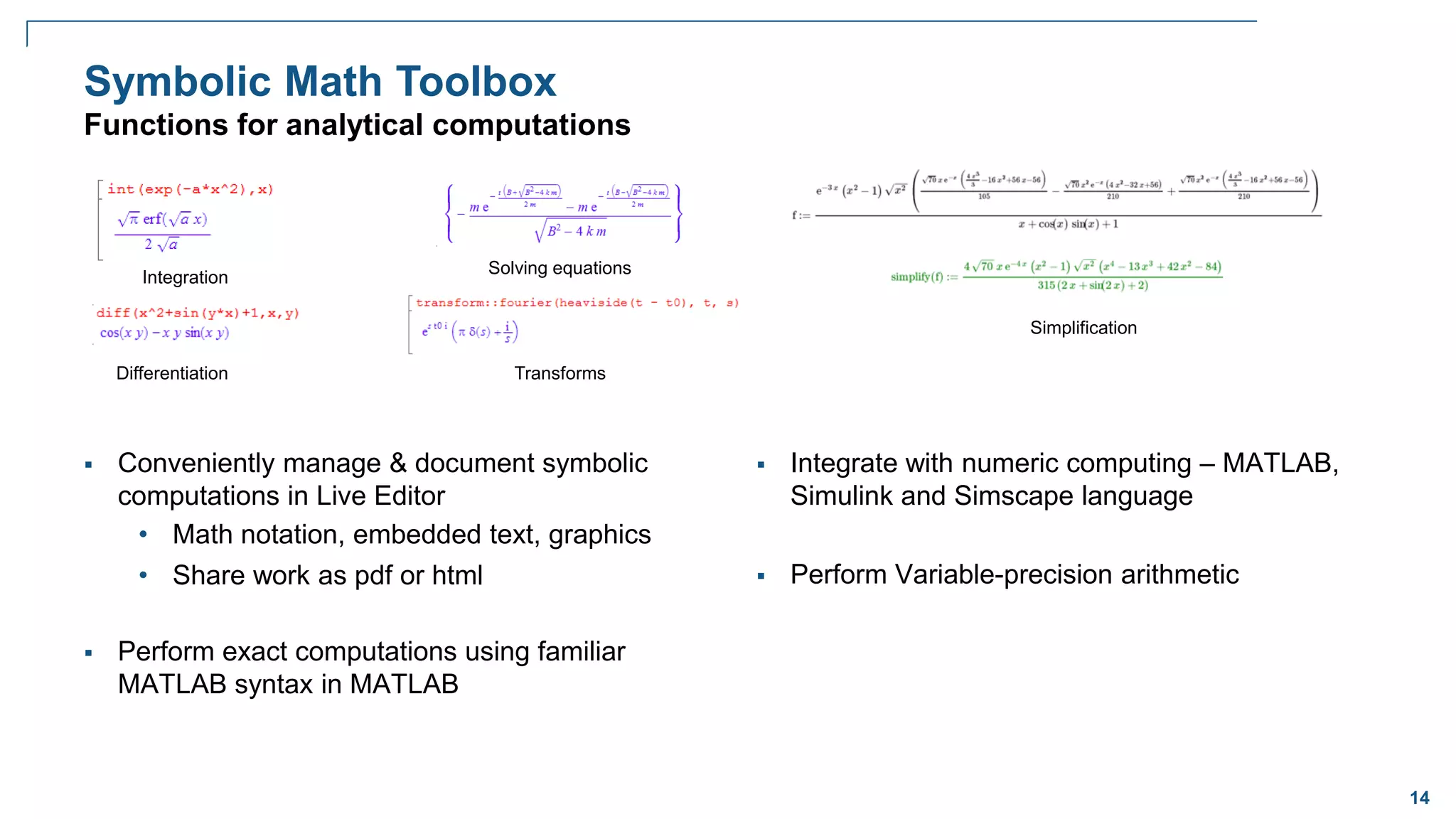 14
Symbolic Math Toolbox
Functions for analytical computations
 Conveniently manage & document symbolic
computations in Live Editor
• Math notation, embedded text, graphics
• Share work as pdf or html
 Perform exact computations using familiar
MATLAB syntax in MATLAB
Integration
Differentiation
Solving equations
Transforms
Simplification
 Integrate with numeric computing – MATLAB,
Simulink and Simscape language
 Perform Variable-precision arithmetic
 