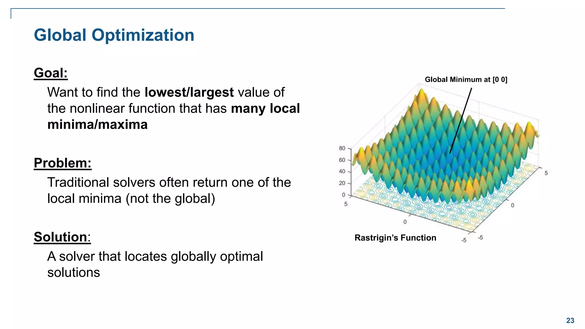 23
Global Optimization
Goal:
Want to find the lowest/largest value of
the nonlinear function that has many local
minima/maxima
Problem:
Traditional solvers often return one of the
local minima (not the global)
Solution:
A solver that locates globally optimal
solutions
Global Minimum at [0 0]
Rastrigin’s Function
 