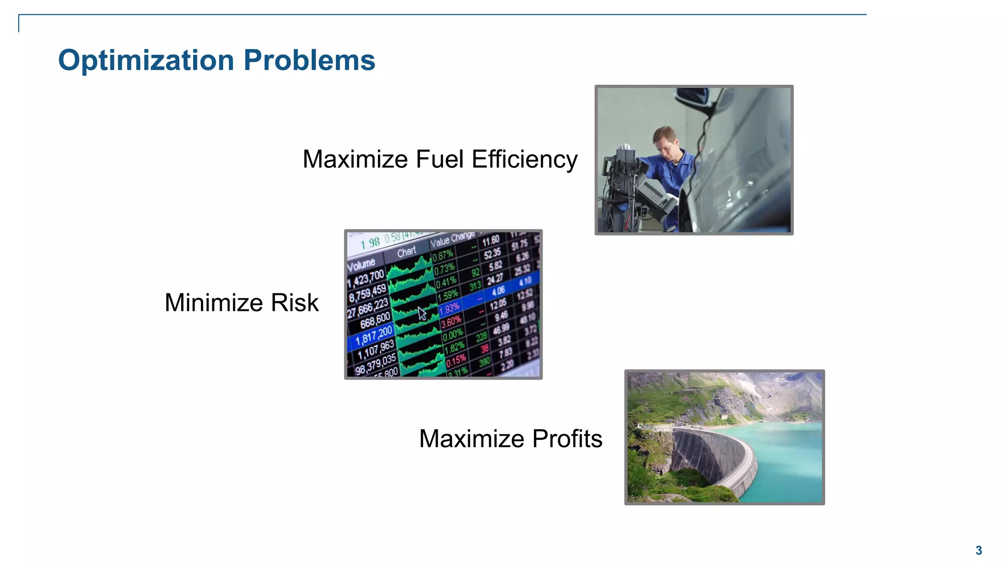 3
Optimization Problems
Minimize Risk
Maximize Profits
Maximize Fuel Efficiency
 