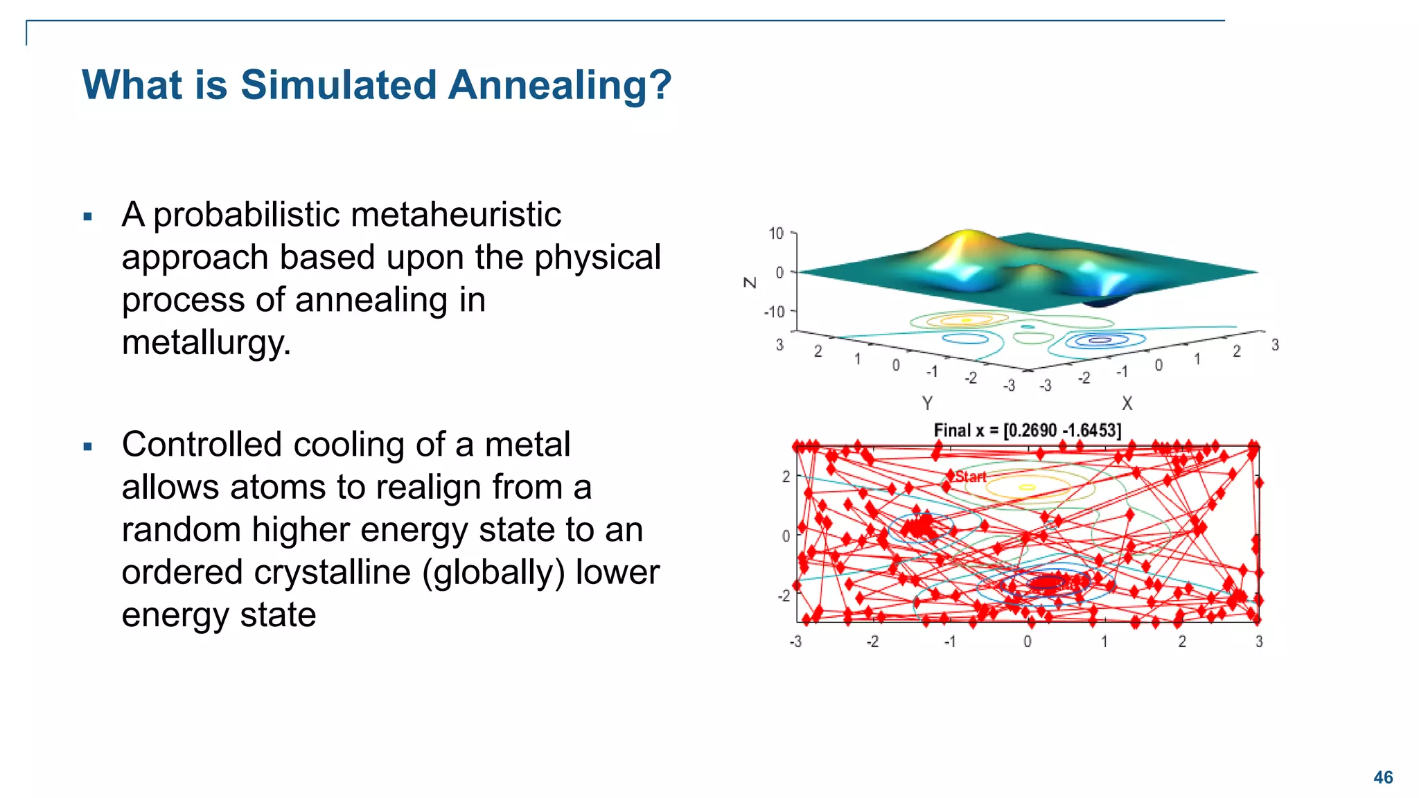 46
What is Simulated Annealing?
 A probabilistic metaheuristic
approach based upon the physical
process of annealing in
metallurgy.
 Controlled cooling of a metal
allows atoms to realign from a
random higher energy state to an
ordered crystalline (globally) lower
energy state
 