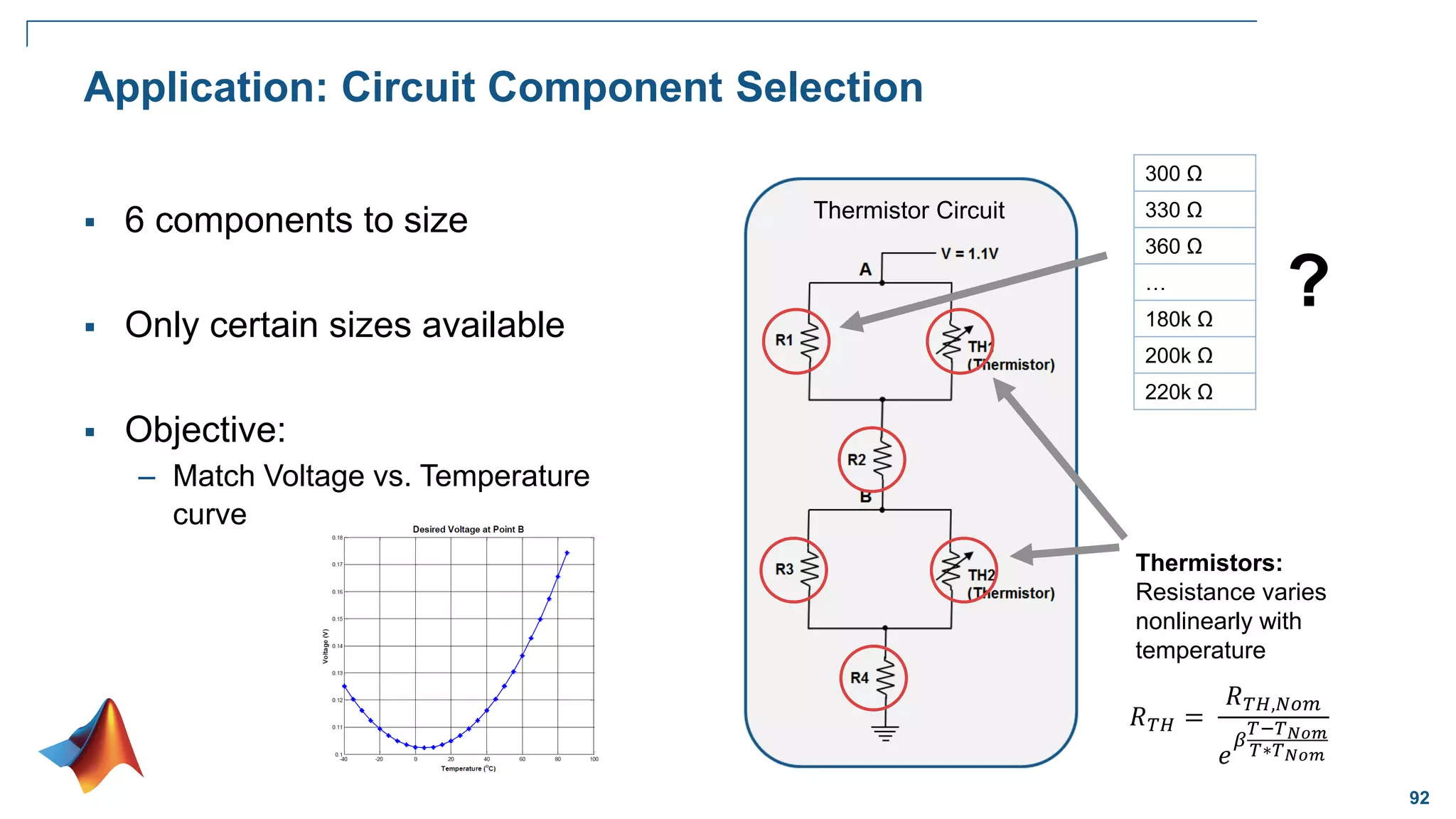 92
Application: Circuit Component Selection
 6 components to size
 Only certain sizes available
 Objective:
– Match Voltage vs. Temperature
curve
Thermistor Circuit
300 Ω
330 Ω
360 Ω
…
180k Ω
200k Ω
220k Ω
Thermistors:
Resistance varies
nonlinearly with
temperature
?
𝑅𝑇𝐻 =
𝑅𝑇𝐻,𝑁𝑜𝑚
𝑒
𝛽
𝑇−𝑇𝑁𝑜𝑚
𝑇∗𝑇𝑁𝑜𝑚
 