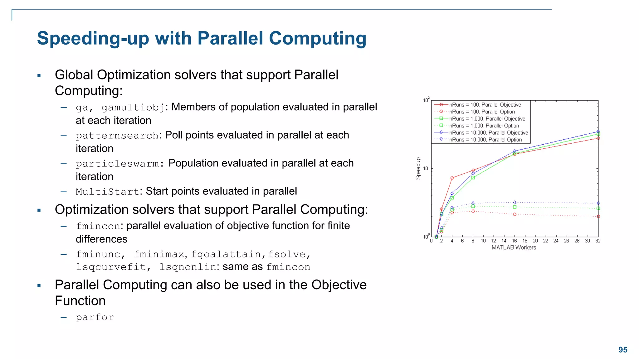 95
Speeding-up with Parallel Computing
 Global Optimization solvers that support Parallel
Computing:
– ga, gamultiobj: Members of population evaluated in parallel
at each iteration
– patternsearch: Poll points evaluated in parallel at each
iteration
– particleswarm: Population evaluated in parallel at each
iteration
– MultiStart: Start points evaluated in parallel
 Optimization solvers that support Parallel Computing:
– fmincon: parallel evaluation of objective function for finite
differences
– fminunc, fminimax, fgoalattain,fsolve,
lsqcurvefit, lsqnonlin: same as fmincon
 Parallel Computing can also be used in the Objective
Function
– parfor
 