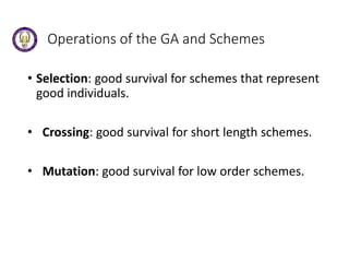 Operations of the GA and Schemes
• Selection: good survival for schemes that represent
good individuals.
• Crossing: good survival for short length schemes.
• Mutation: good survival for low order schemes.
 