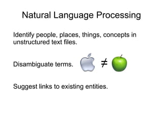 Natural Language Processing
Identify people, places, things, concepts in
unstructured text files.
Disambiguate terms.
Suggest links to existing entities.
≠
 