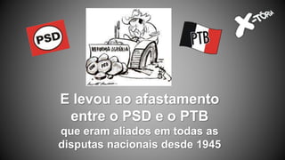 E levou ao afastamento
entre o PSD e o PTB
que eram aliados em todas as
disputas nacionais desde 1945
 