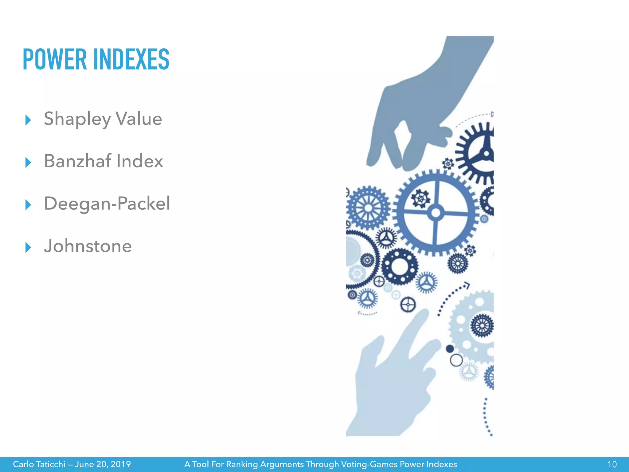 A Tool For Ranking Arguments Through Voting-Games Power IndexesCarlo Taticchi — June 20, 2019
POWER INDEXES
▸ Shapley Value
▸ Banzhaf Index
▸ Deegan-Packel
▸ Johnstone
10
 
