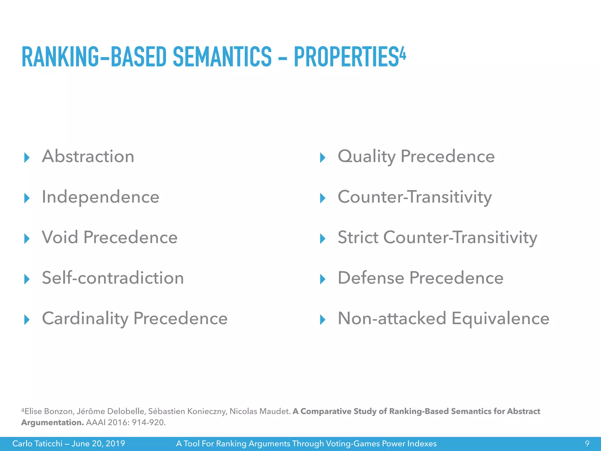 A Tool For Ranking Arguments Through Voting-Games Power IndexesCarlo Taticchi — June 20, 2019
▸ Abstraction
▸ Independence
▸ Void Precedence
▸ Self-contradiction
▸ Cardinality Precedence
RANKING-BASED SEMANTICS - PROPERTIES4
▸ Quality Precedence
▸ Counter-Transitivity
▸ Strict Counter-Transitivity
▸ Defense Precedence
▸ Non-attacked Equivalence
9
4Elise Bonzon, Jérôme Delobelle, Sébastien Konieczny, Nicolas Maudet. A Comparative Study of Ranking-Based Semantics for Abstract
Argumentation. AAAI 2016: 914-920.
 