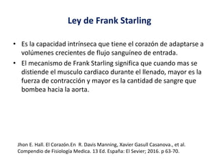 Ley de Frank Starling
• Es la capacidad intrínseca que tiene el corazón de adaptarse a
volúmenes crecientes de flujo sanguíneo de entrada.
• El mecanismo de Frank Starling significa que cuando mas se
distiende el musculo cardiaco durante el llenado, mayor es la
fuerza de contracción y mayor es la cantidad de sangre que
bombea hacia la aorta.
Jhon E. Hall. El Corazón.En R. Davis Manning, Xavier Gasull Casanova., et al.
Compendio de Fisiología Medica. 13 Ed. España: El Sevier; 2016. p 63-70.
 