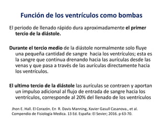 Función de los ventrículos como bombas
El periodo de llenado rápido dura aproximadamente el primer
tercio de la diástole.
Durante el tercio medio de la diástole normalmente solo fluye
una pequeña cantidad de sangre hacia los ventrículos; esta es
la sangre que continua drenando hacia las aurículas desde las
venas y que pasa a través de las aurículas directamente hacia
los ventrículos.
El ultimo tercio de la diástole las aurículas se contraen y aportan
un impulso adicional al flujo de entrada de sangre hacia los
ventrículos, corresponde al 20% del llenado de los ventrículos
Jhon E. Hall. El Corazón. En R. Davis Manning, Xavier Gasull Casanova., et al.
Compendio de Fisiología Medica. 13 Ed. España: El Sevier; 2016. p 63-70.
 