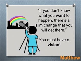 “If you don’t know
  what you want to
  happen, there’s a
slim change that you
     will get there.”

 You must have a
     vision!
 