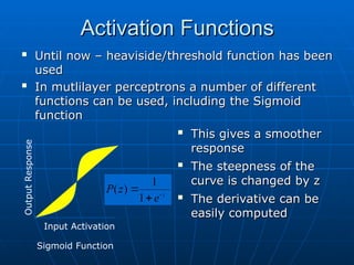 Activation Functions
Activation Functions

This gives a smoother
This gives a smoother
response
response

The steepness of the
The steepness of the
curve is changed by z
curve is changed by z

The derivative can be
The derivative can be
easily computed
easily computed
Sigmoid Function
Input Activation
Output
Response

Until now – heaviside/threshold function has been
Until now – heaviside/threshold function has been
used
used

In mutlilayer perceptrons a number of different
In mutlilayer perceptrons a number of different
functions can be used, including the Sigmoid
functions can be used, including the Sigmoid
function
function
z
e
z
P 


1
1
)
(
 