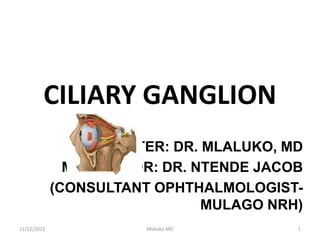 CILIARY GANGLION
PRESENTER: DR. MLALUKO, MD
MODERATOR: DR. NTENDE JACOB
(CONSULTANT OPHTHALMOLOGIST-
MULAGO NRH)
11/22/2023 Mlaluko MD 1
 