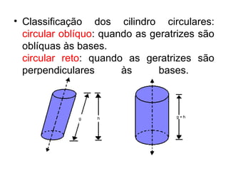 Classificação dos cilindro circulares: circular oblíquo : quando as geratrizes são oblíquas às bases.  circular reto : quando as geratrizes são perpendiculares às bases.   