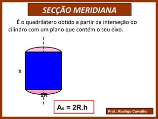 Prof.: Rodrigo Carvalho
SECÇÃO MERIDIANA
É o quadrilátero obtido a partir da interseção do
cilindro com um plano que contém o seu eixo.
2R
h As
As = 2R.h
 