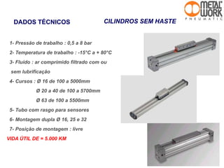 1- Pressão de trabalho : 0,5 a 8 bar
2- Temperatura de trabalho : -15°C a + 80°C
3- Fluído : ar comprimido filtrado com ou
sem lubrificação
4- Cursos : Ø 16 de 100 a 5000mm
Ø 20 a 40 de 100 a 5700mm
Ø 63 de 100 a 5500mm
5- Tubo com rasgo para sensores
6- Montagem dupla Ø 16, 25 e 32
7- Posição de montagem : livre
VIDA ÚTIL DE = 5.000 KM
CILINDROS SEM HASTEDADOS TÉCNICOS
 